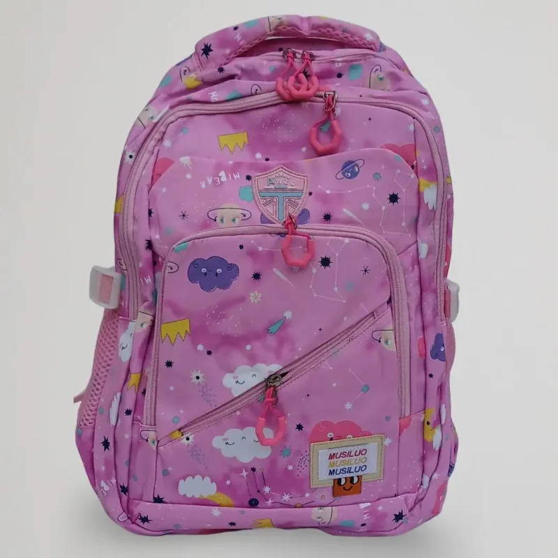 kids school backpack pink space cloud print front