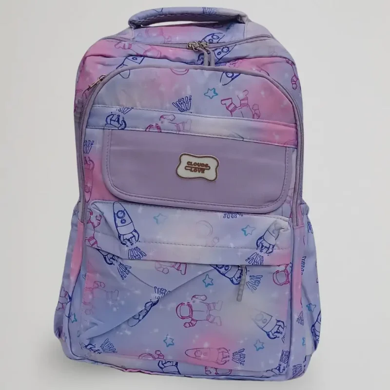 kids school backpack pink space cloud print front view