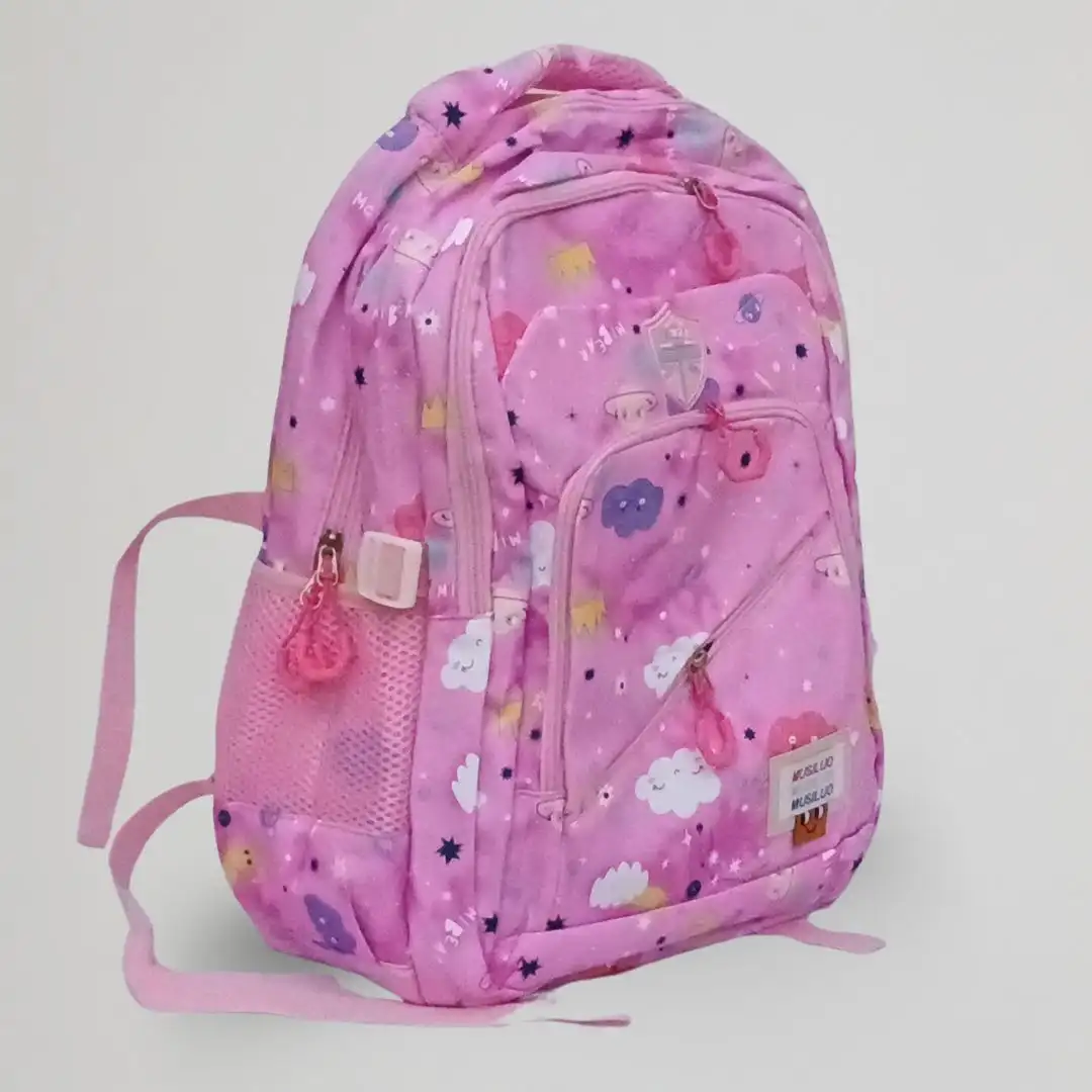 kids school backpack pink space cloud print side angle