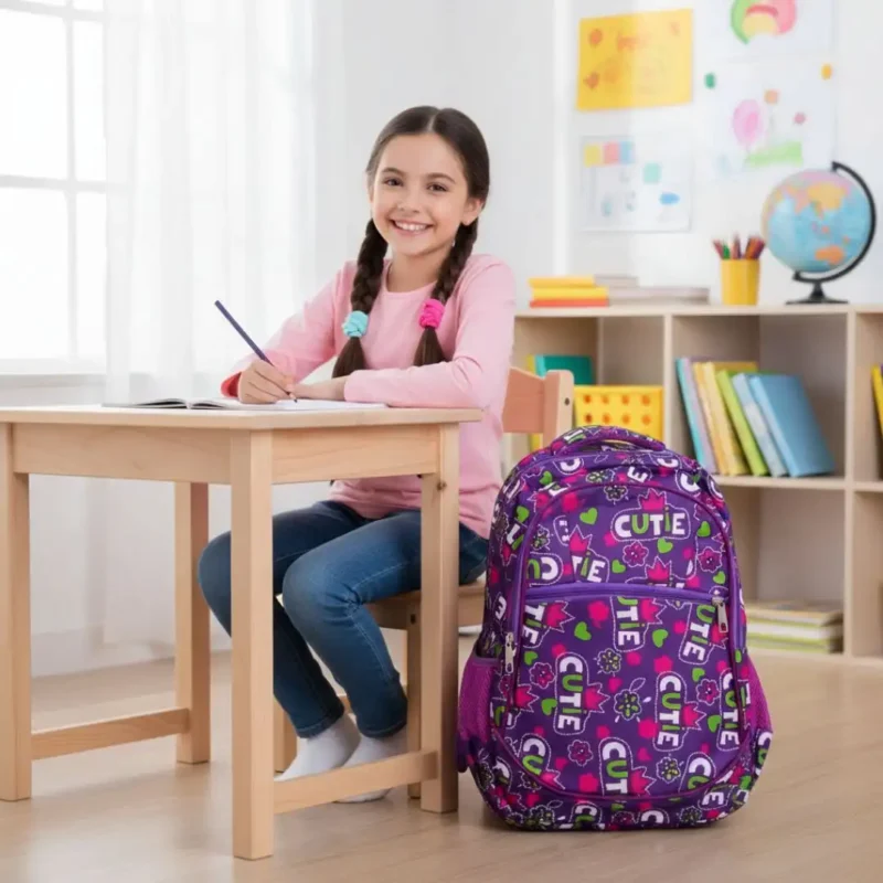 purple candy heart kids backpack full angle view