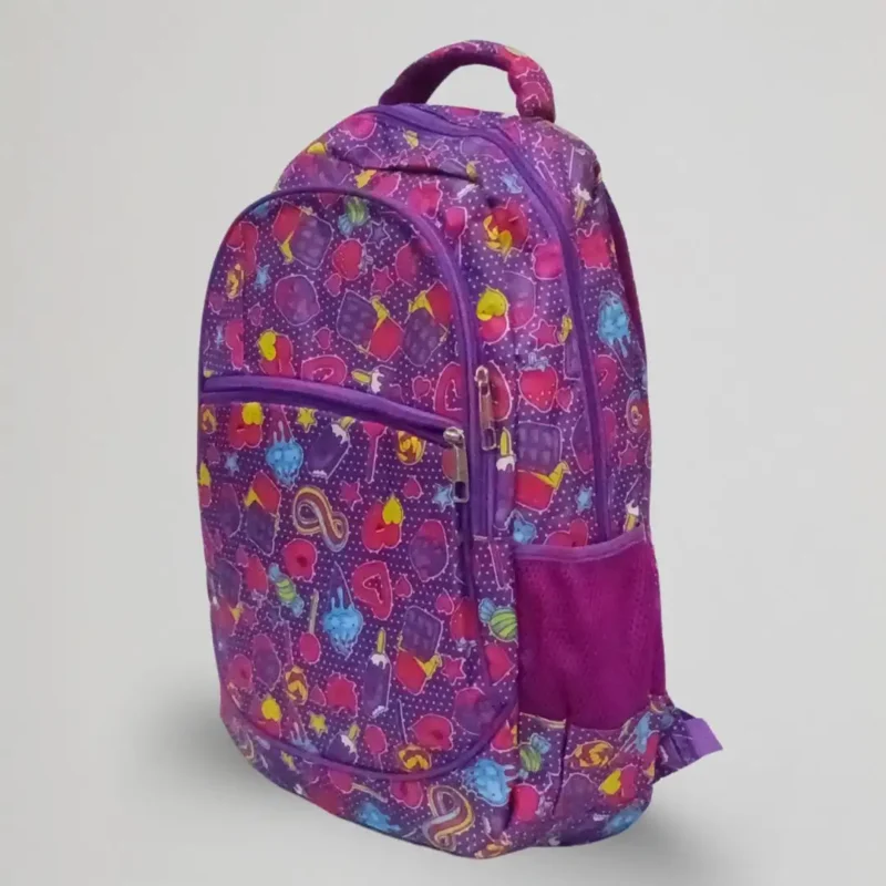 purple candy heart kids backpack side pocket view