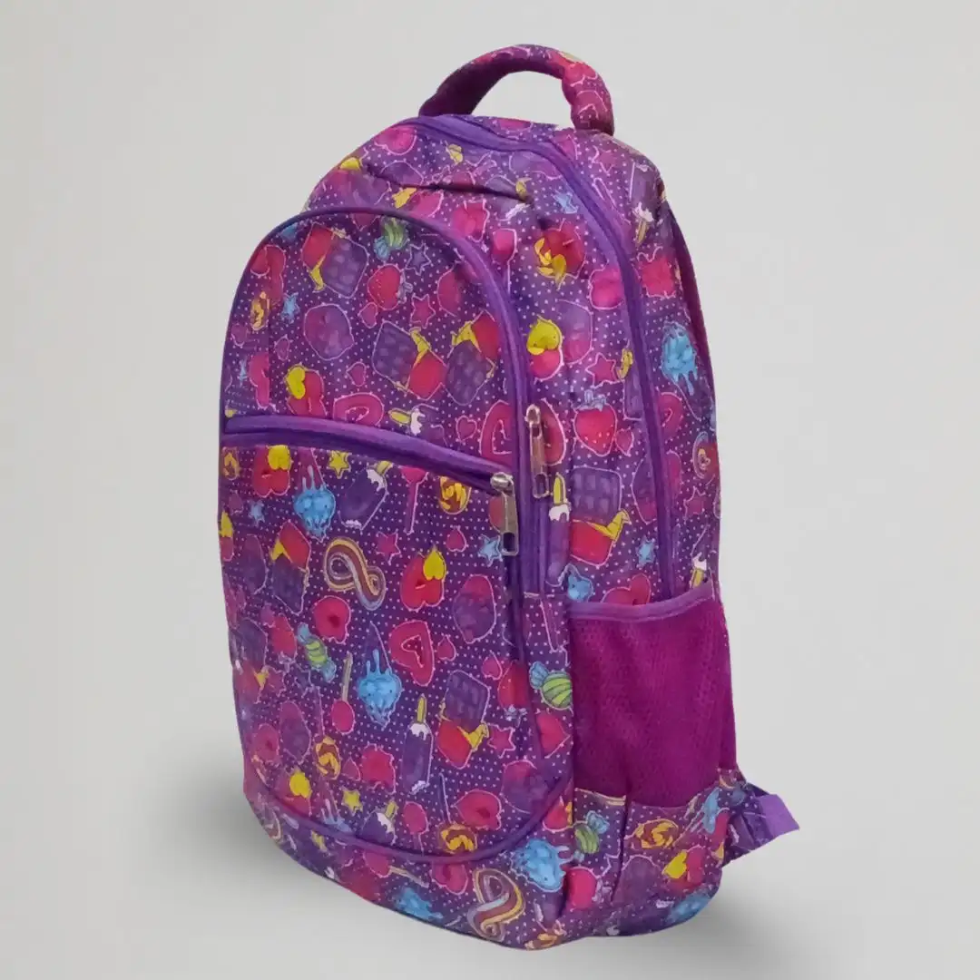 purple candy heart kids backpack side pocket view purple candy heart kids backpack side pocket view
